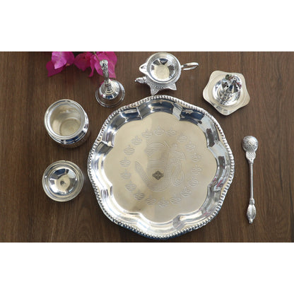 Handmade Decorative Silver Plated Om Design Pooja Thali Aarti Thali Set of 7 pieces with Gift Box Packing - Temple Workship Festivals Occasion Home Decore  Gift item