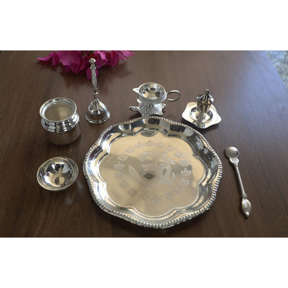Handmade Decorative Silver Plated Om Design Pooja Thali Aarti Thali Set of 7 pieces with Gift Box Packing - Temple Workship Festivals Occasion Home Decore  Gift item
