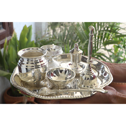 Handmade Decorative Silver Plated Om Design Pooja Thali Aarti Thali Set of 7 pieces with Gift Box Packing - Temple Workship Festivals Occasion Home Decore  Gift item