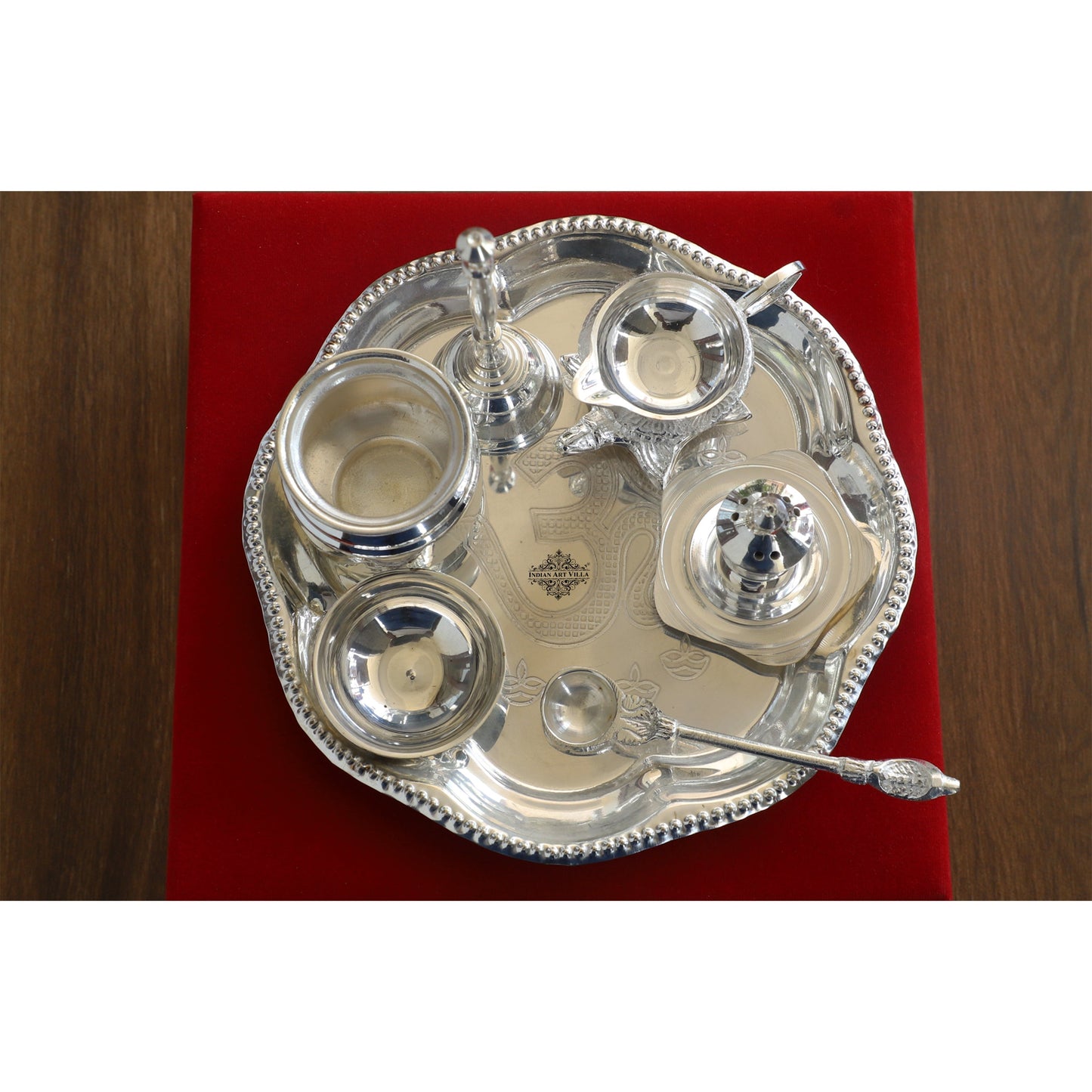 Handmade Decorative Silver Plated Om Design Pooja Thali Aarti Thali Set of 7 pieces with Gift Box Packing - Temple Workship Festivals Occasion Home Decore  Gift item