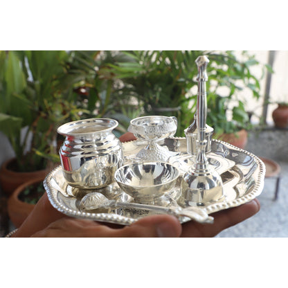 Handmade Decorative Silver Plated Om Design Pooja Thali Aarti Thali Set of 7 pieces with Gift Box Packing - Temple Workship Festivals Occasion Home Decore  Gift item