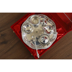 Handmade Decorative Silver Plated Om Design Pooja Thali Aarti Thali Set of 7 pieces with Gift Box Packing - Temple Workship Festivals Occasion Home Decore  Gift item