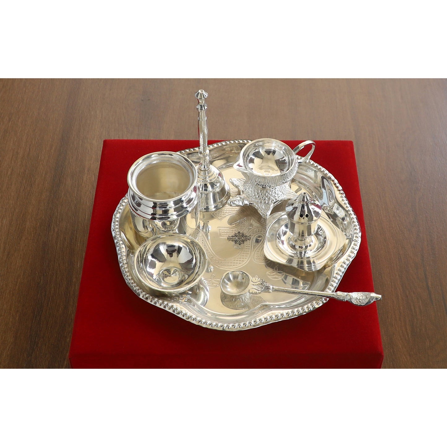 Handmade Decorative Silver Plated Om Design Pooja Thali Aarti Thali Set of 7 pieces with Gift Box Packing - Temple Workship Festivals Occasion Home Decore  Gift item