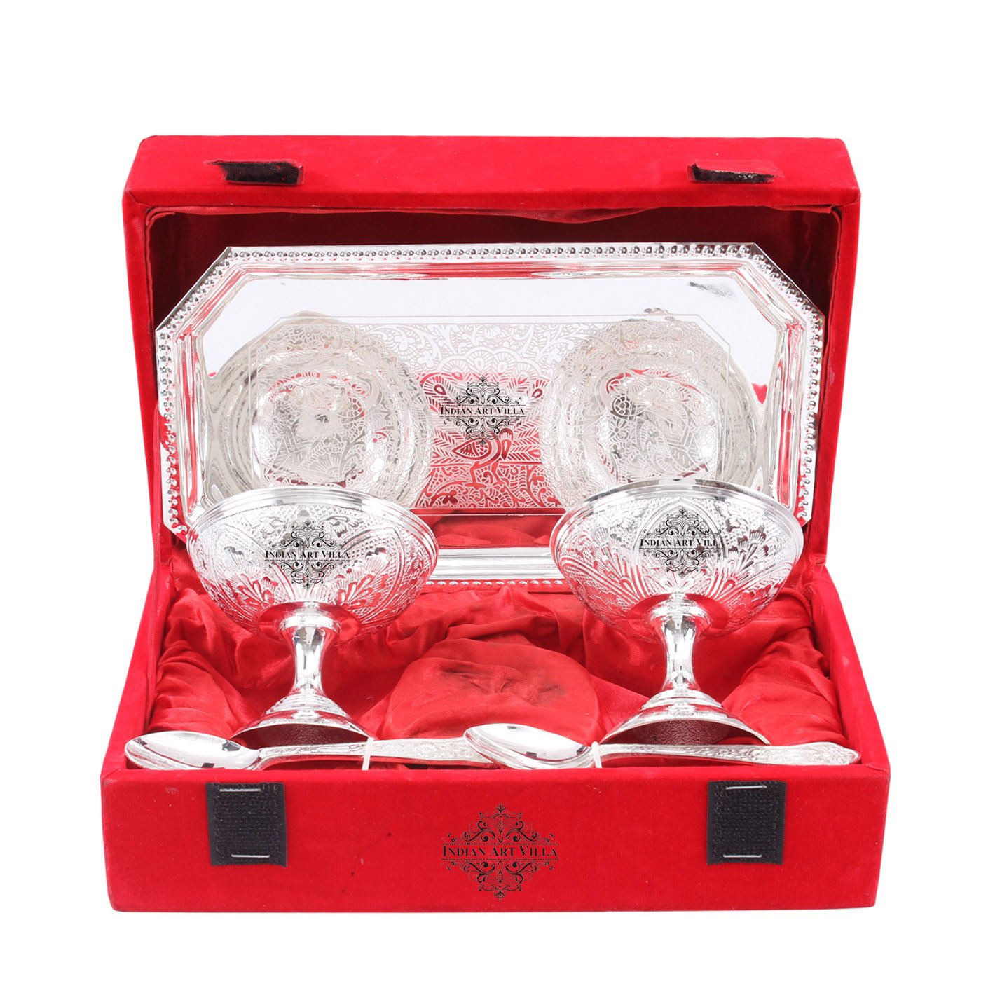 Silver Plated Designer Ice Cream Gift Set 2 Bowl with 2 Spoon & 1 Tray
