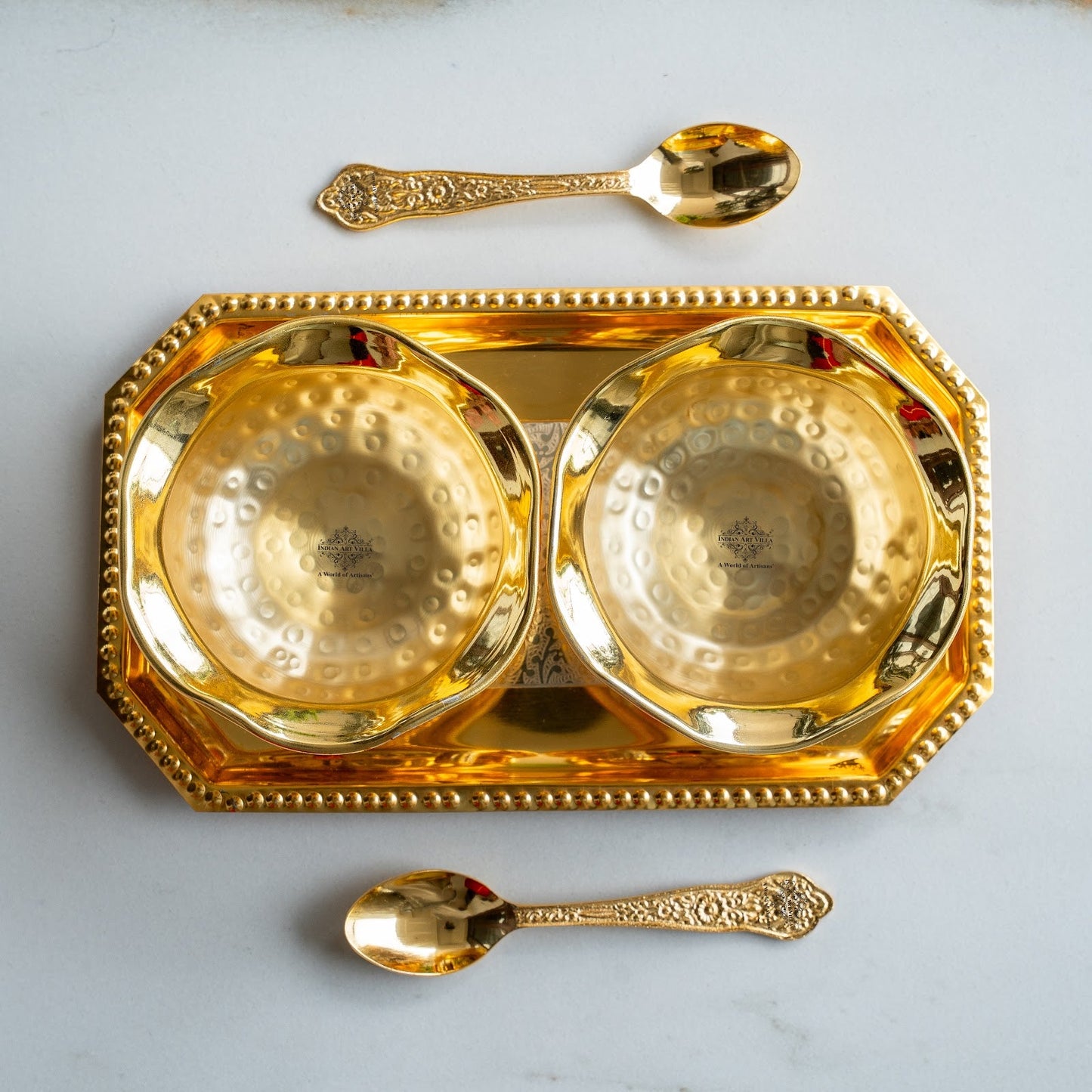 Pure Silver Plated Gold Polish Hammered Bowl with 2 Spoons & 1 Tray