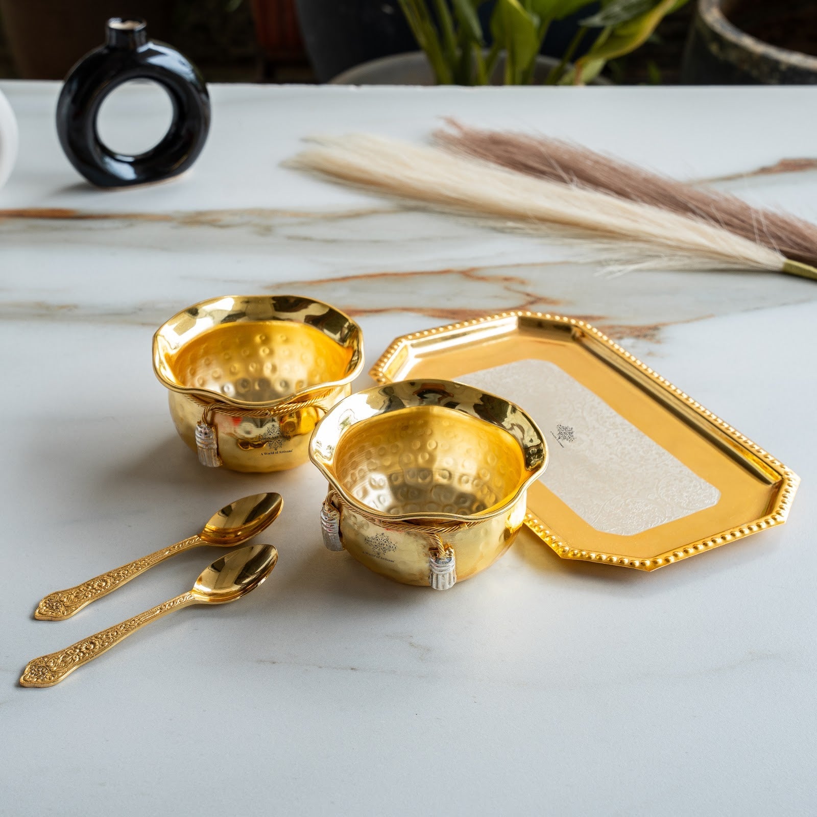 Pure Silver Plated Gold Polish Hammered Bowl with 2 Spoons & 1 Tray