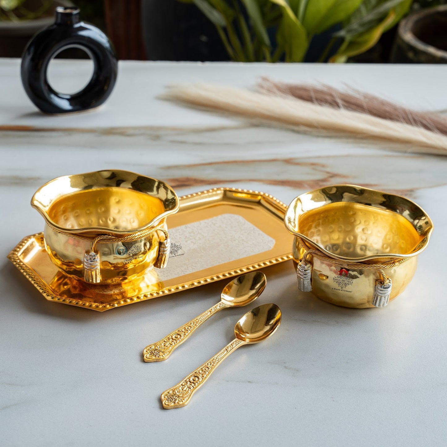 Pure Silver Plated Gold Polish Hammered Bowl with 2 Spoons & 1 Tray