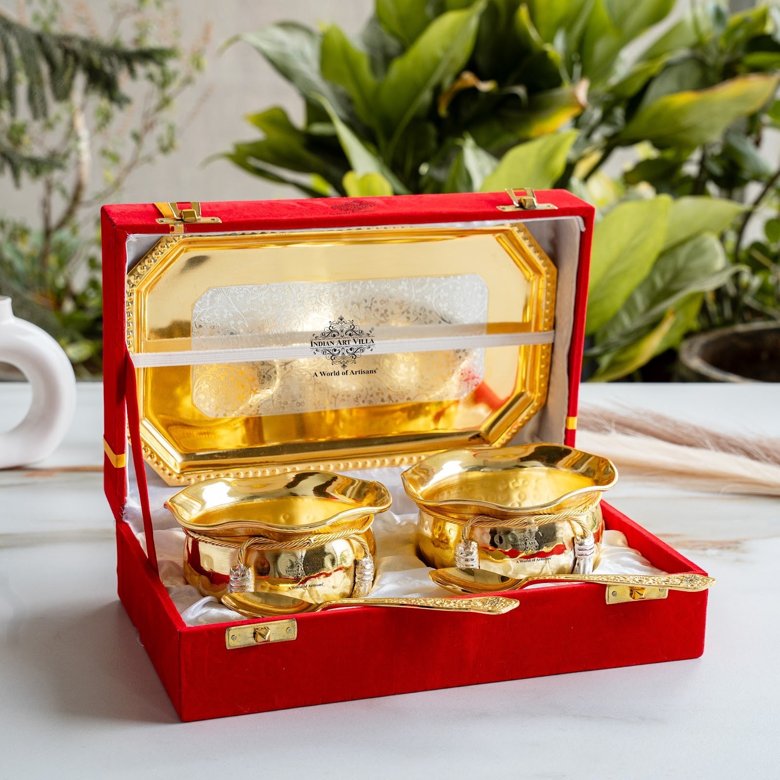 Pure Silver Plated Gold Polish Hammered Bowl with 2 Spoons & 1 Tray