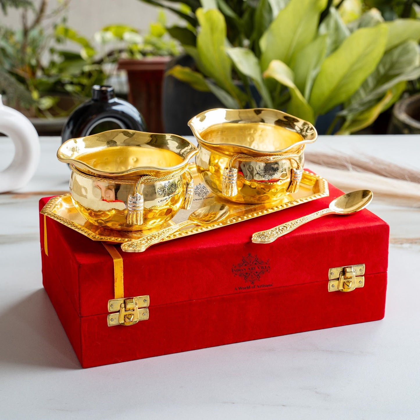 Pure Silver Plated Gold Polish Hammered Bowl with 2 Spoons & 1 Tray