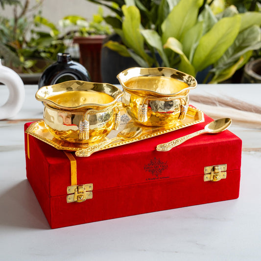 Pure Silver Plated Gold Polish Hammered Bowl with 2 Spoons & 1 Tray