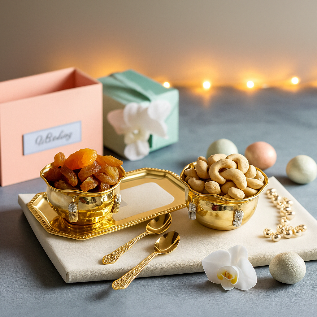 Pure Silver Plated Gold Polish Hammered Bowl with 2 Spoons & 1 Tray