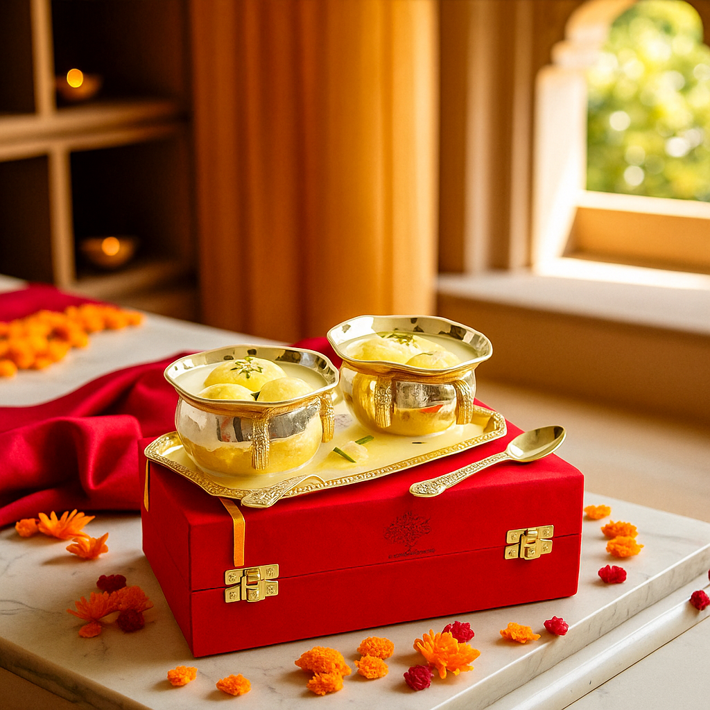 Pure Silver Plated Gold Polish Hammered Bowl with 2 Spoons & 1 Tray