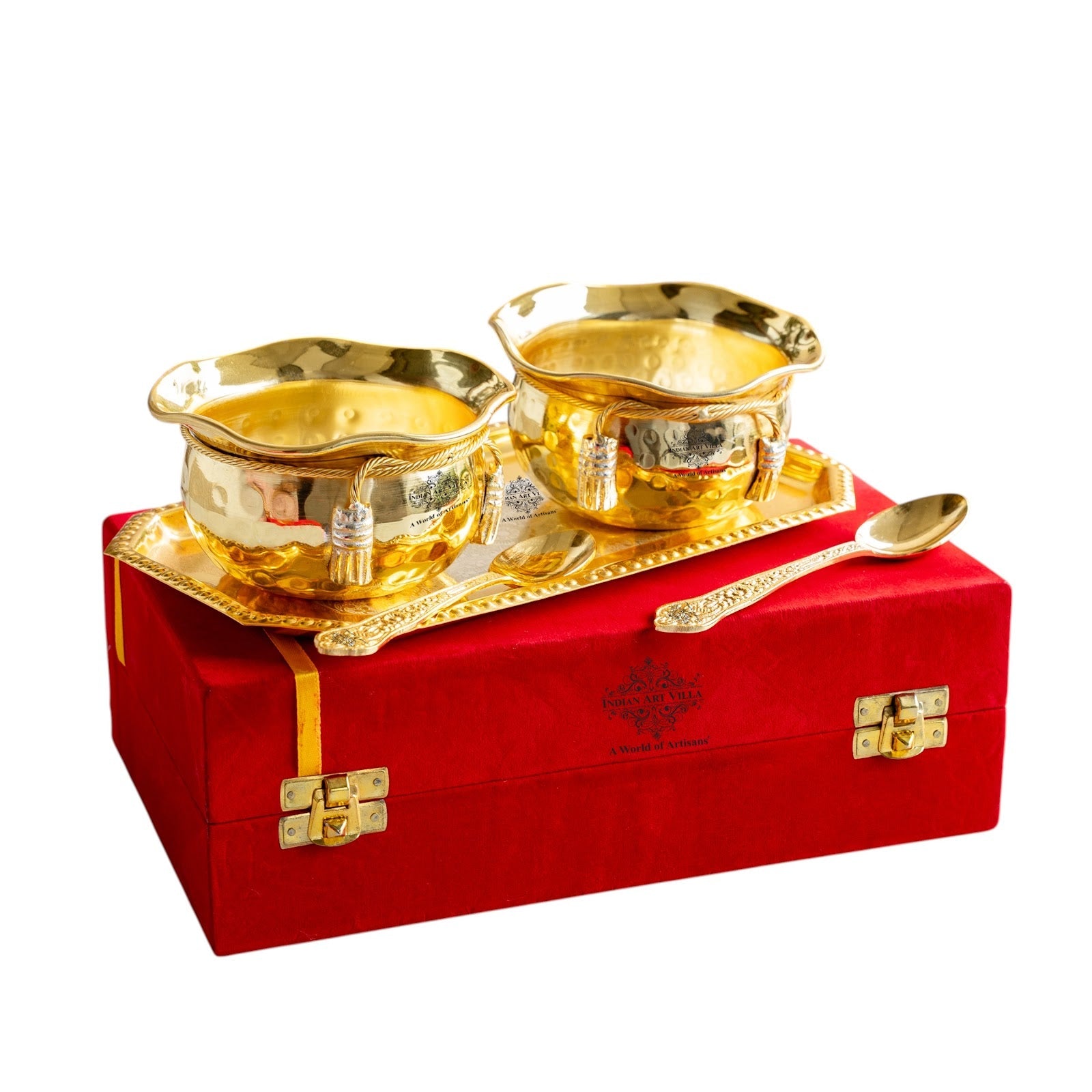 Pure Silver Plated Gold Polish Hammered Bowl with 2 Spoons & 1 Tray