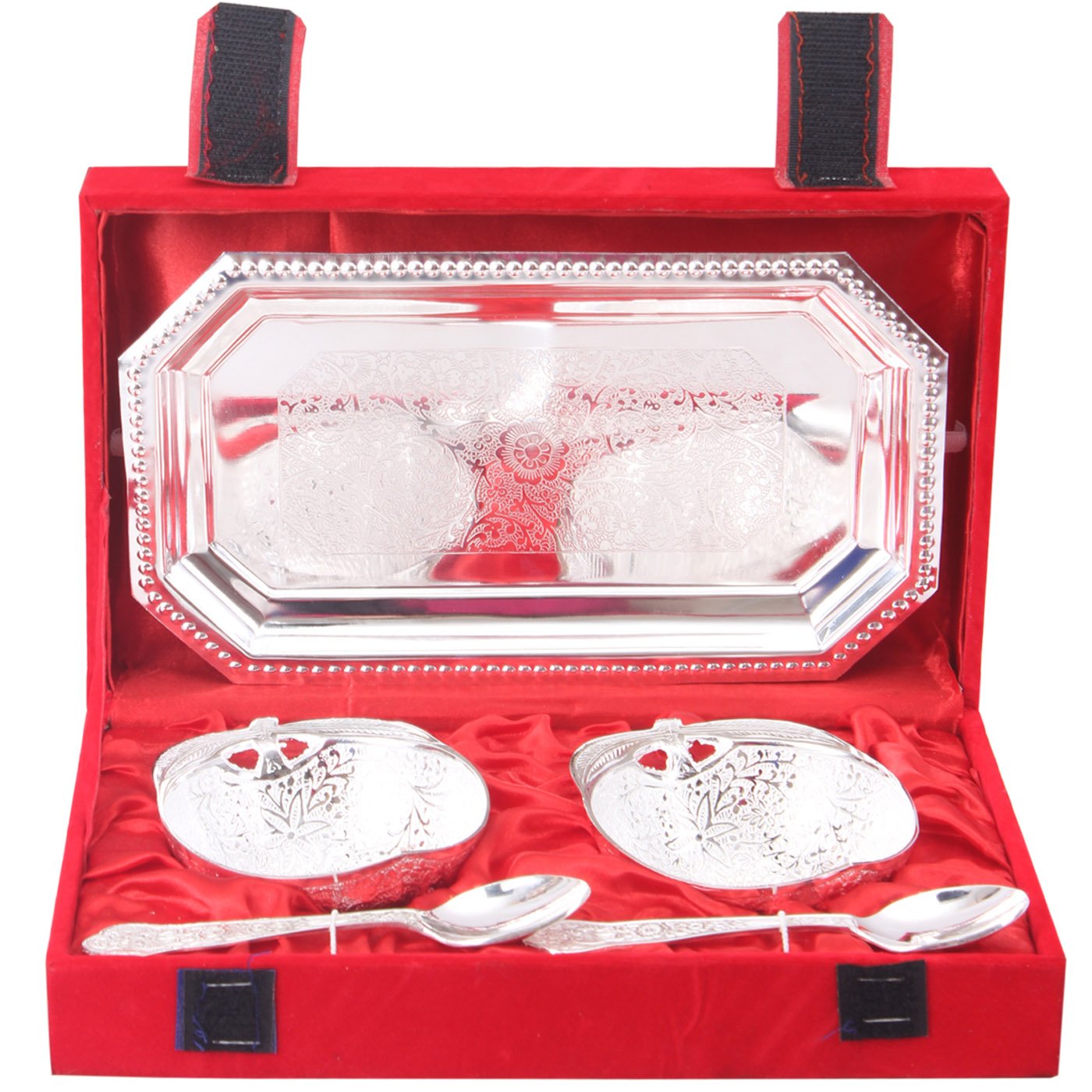 Pure Silver Plated Handmade  Mango Design Bowl with 2 Spoon & 1 Tray