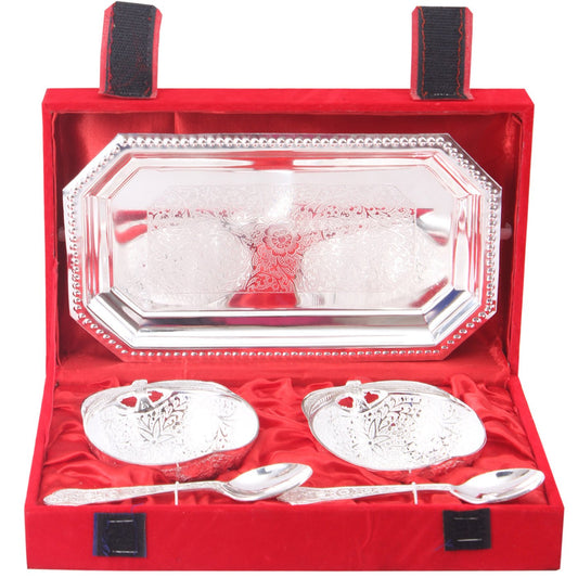 Pure Silver Plated Handmade  Mango Design Bowl with 2 Spoon & 1 Tray