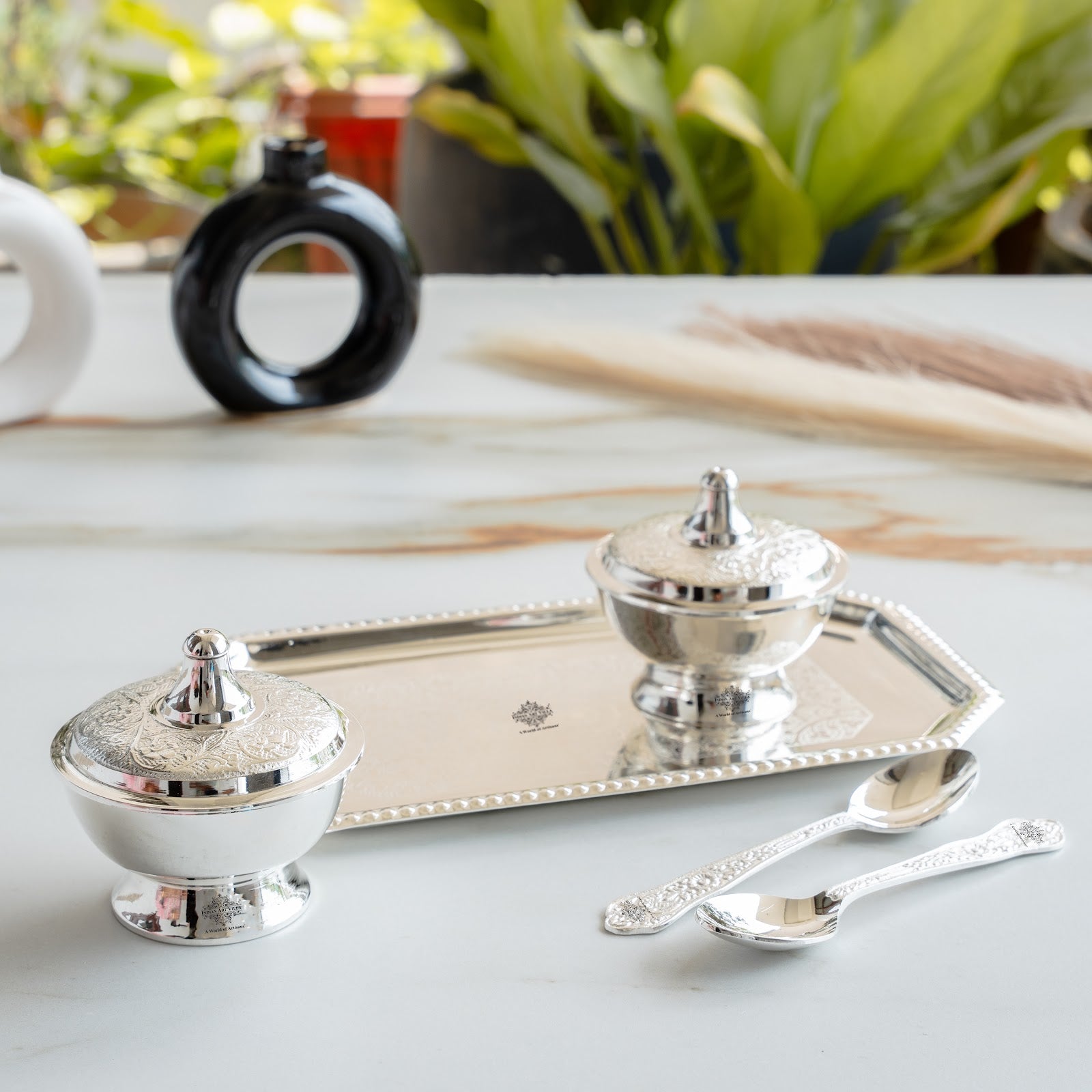 Silver Plated Set of 2 Beetel Bowl with 2 Spoon & 1 Tray