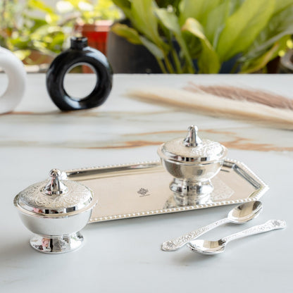 Silver Plated Set of 2 Beetel Bowl with 2 Spoon & 1 Tray