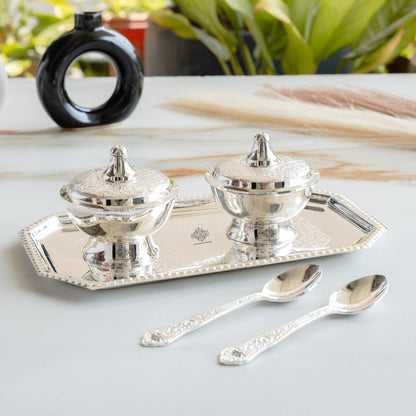 Silver Plated Set of 2 Beetel Bowl with 2 Spoon & 1 Tray