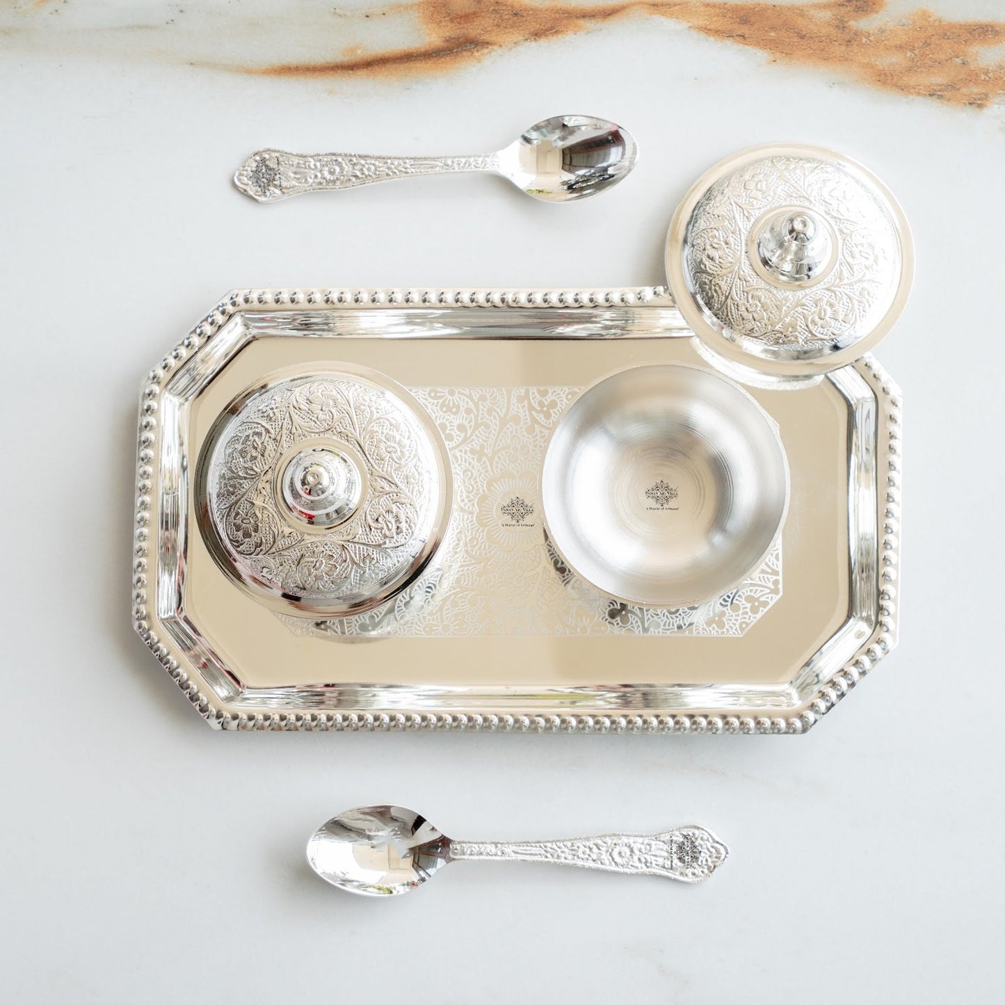 Silver Plated Set of 2 Beetel Bowl with 2 Spoon & 1 Tray