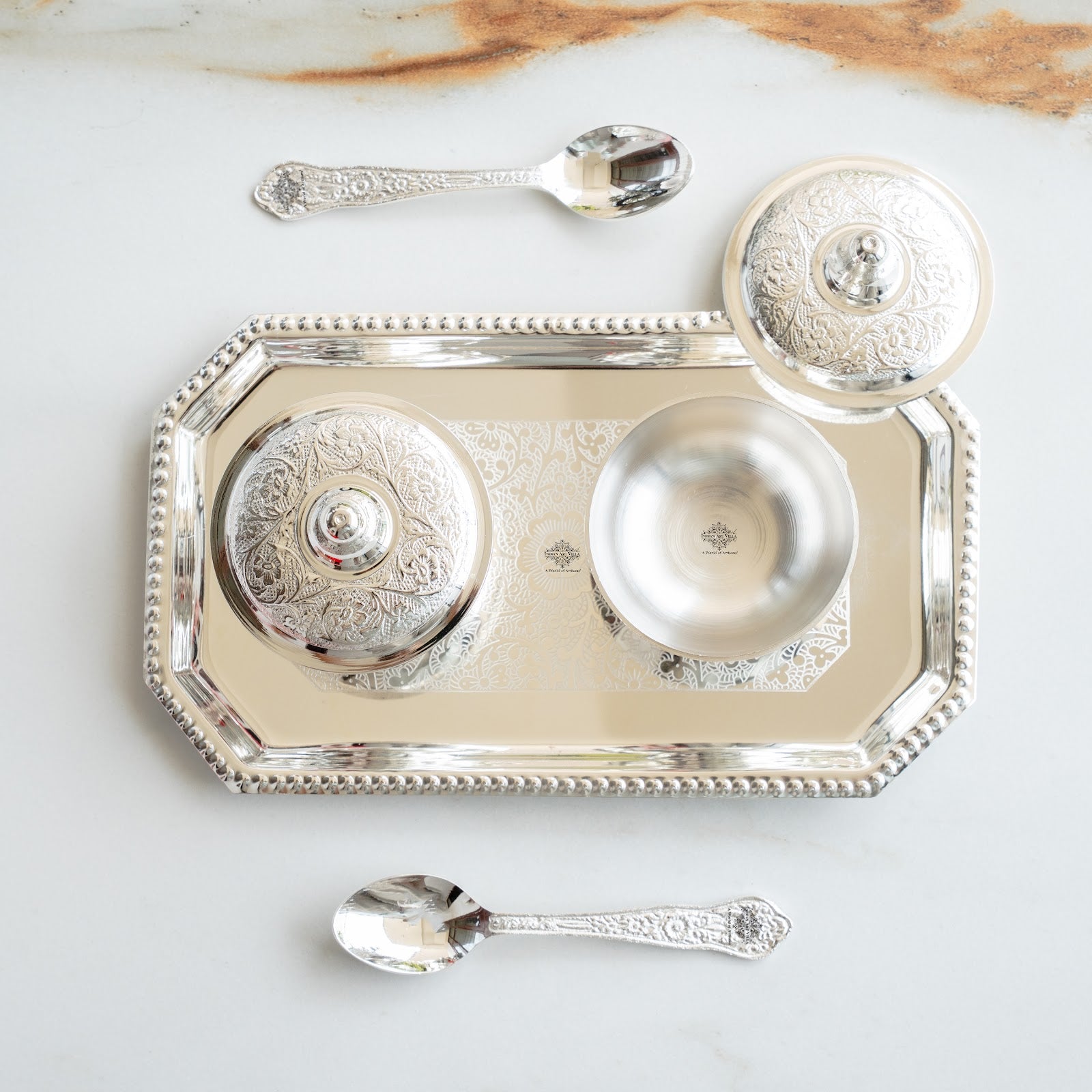 Silver Plated Set of 2 Beetel Bowl with 2 Spoon & 1 Tray