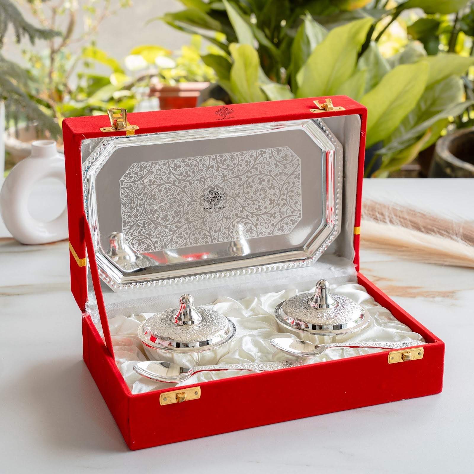 Silver Plated Set of 2 Beetel Bowl with 2 Spoon & 1 Tray