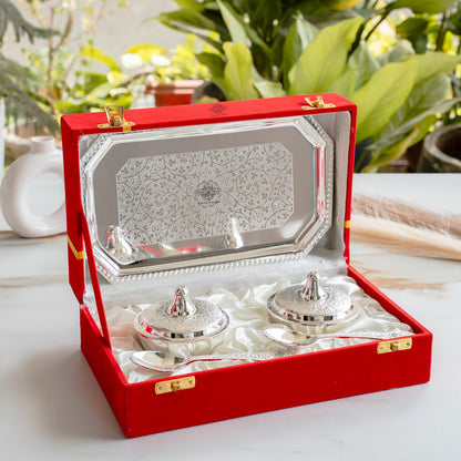 Silver Plated Set of 2 Beetel Bowl with 2 Spoon & 1 Tray