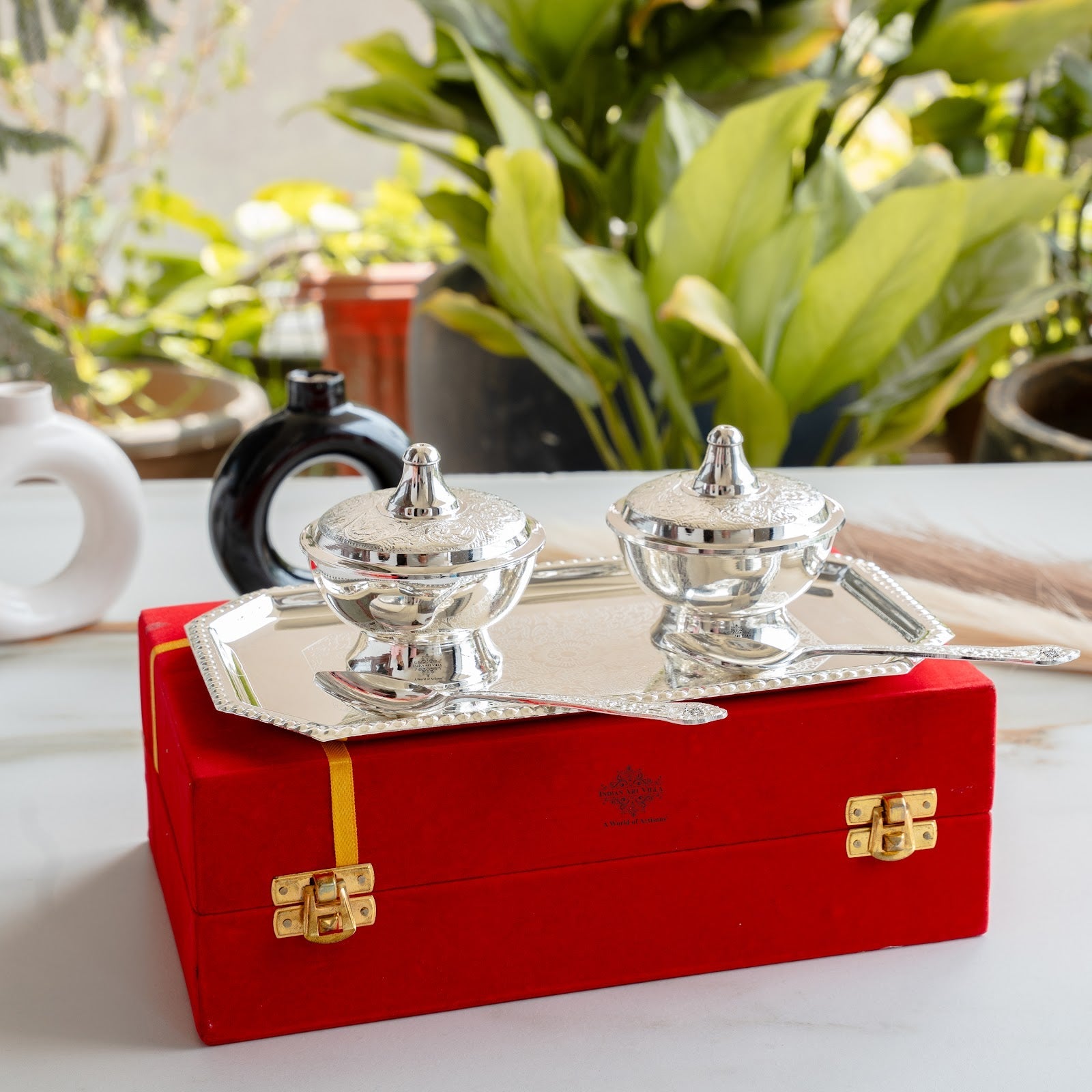 Silver Plated Set of 2 Beetel Bowl with 2 Spoon & 1 Tray