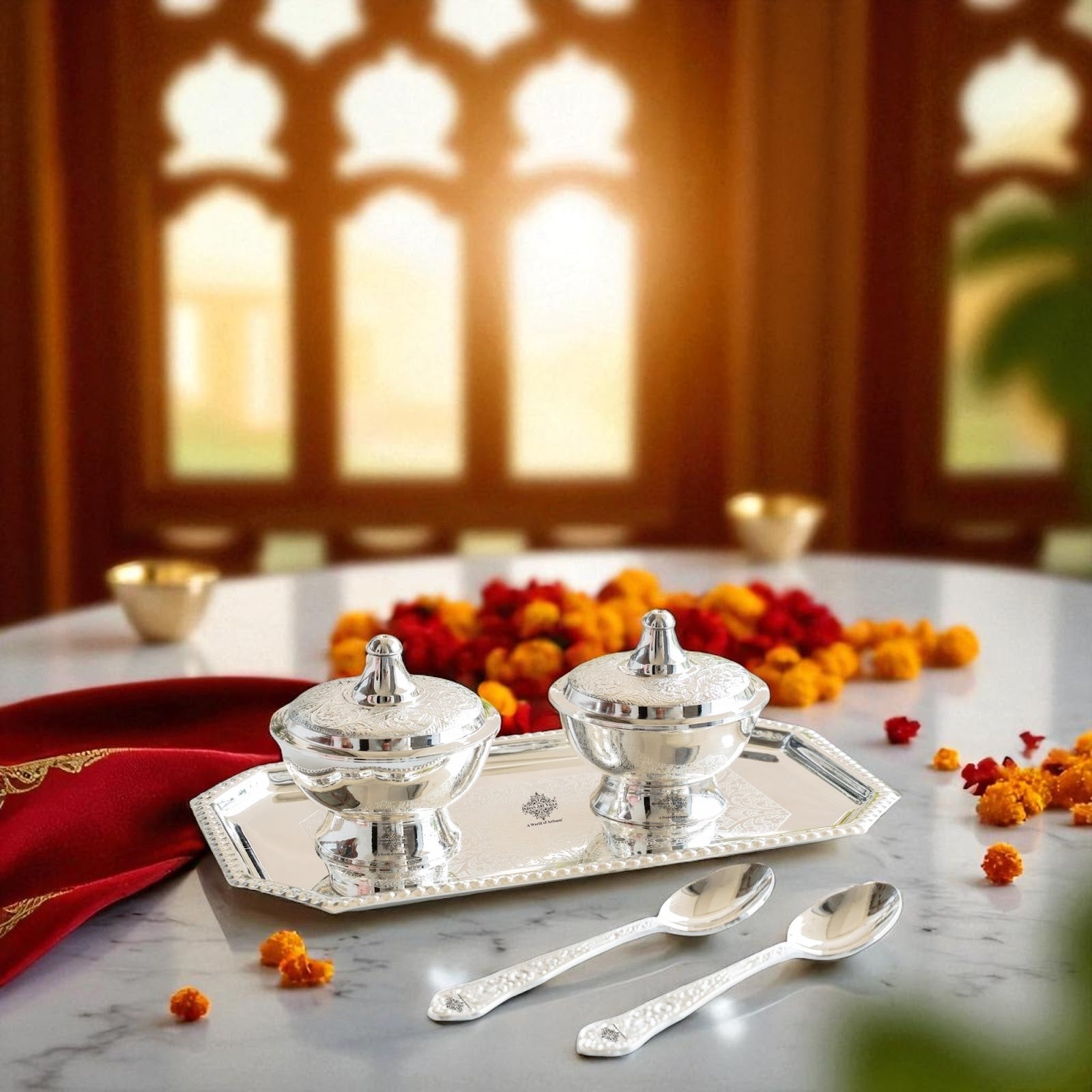 Silver Plated Set of 2 Beetel Bowl with 2 Spoon & 1 Tray