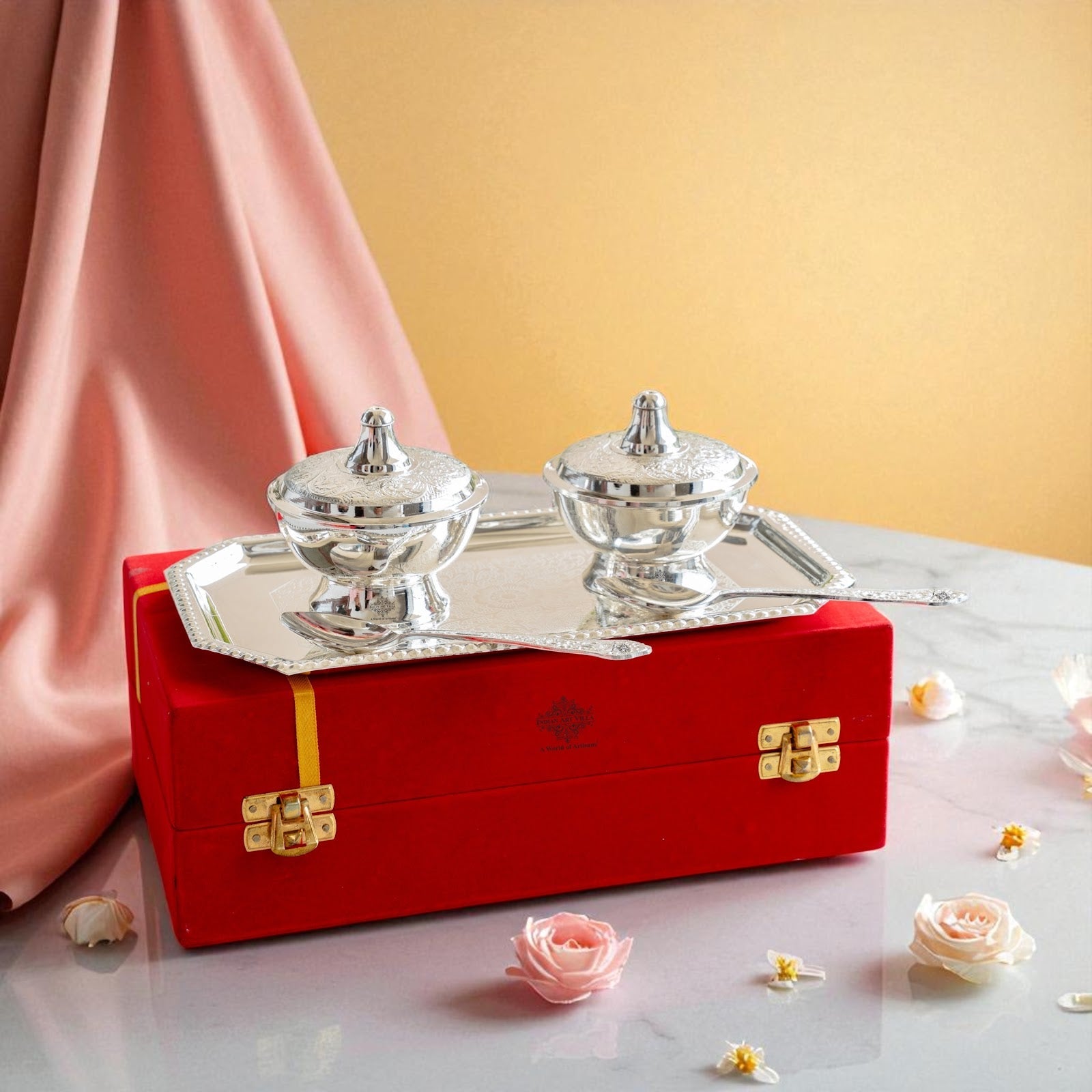 Silver Plated Set of 2 Beetel Bowl with 2 Spoon & 1 Tray