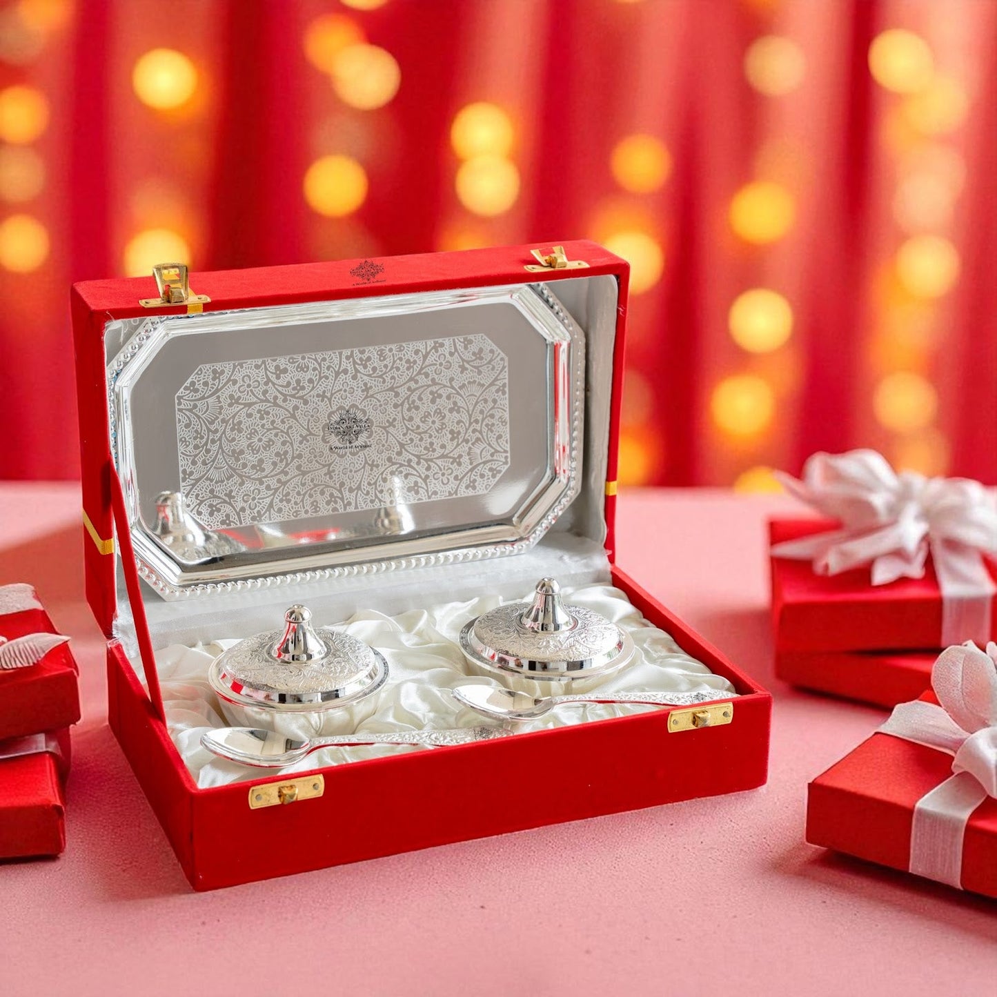 Silver Plated Set of 2 Beetel Bowl with 2 Spoon & 1 Tray