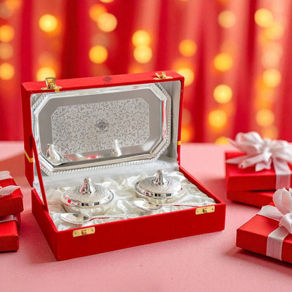 Silver Plated Set of 2 Beetel Bowl with 2 Spoon & 1 Tray