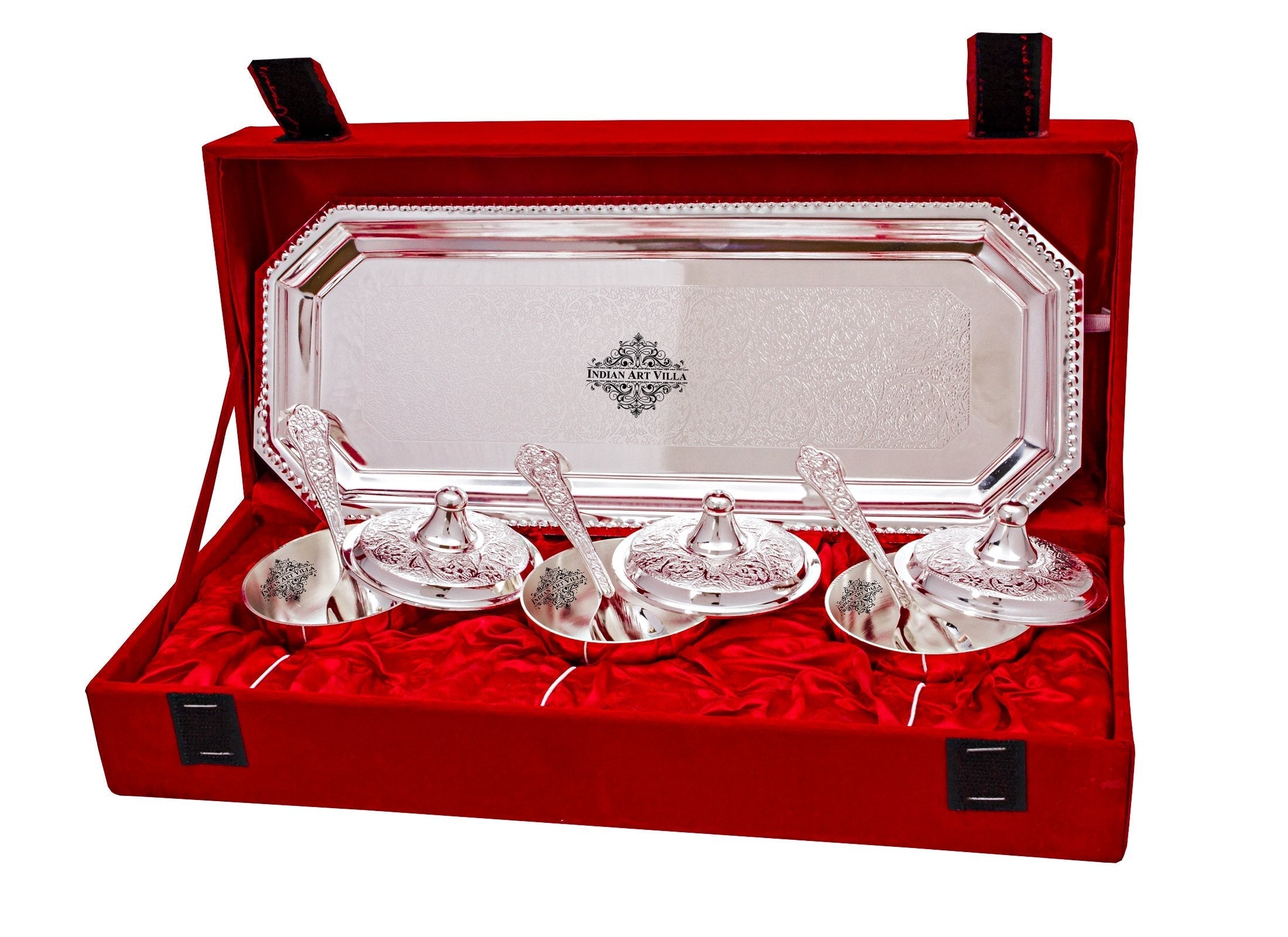 Handcrafted Pure Silver Plated Handmade 3 Betel Bowl with 3 Spoon & 1 Tray