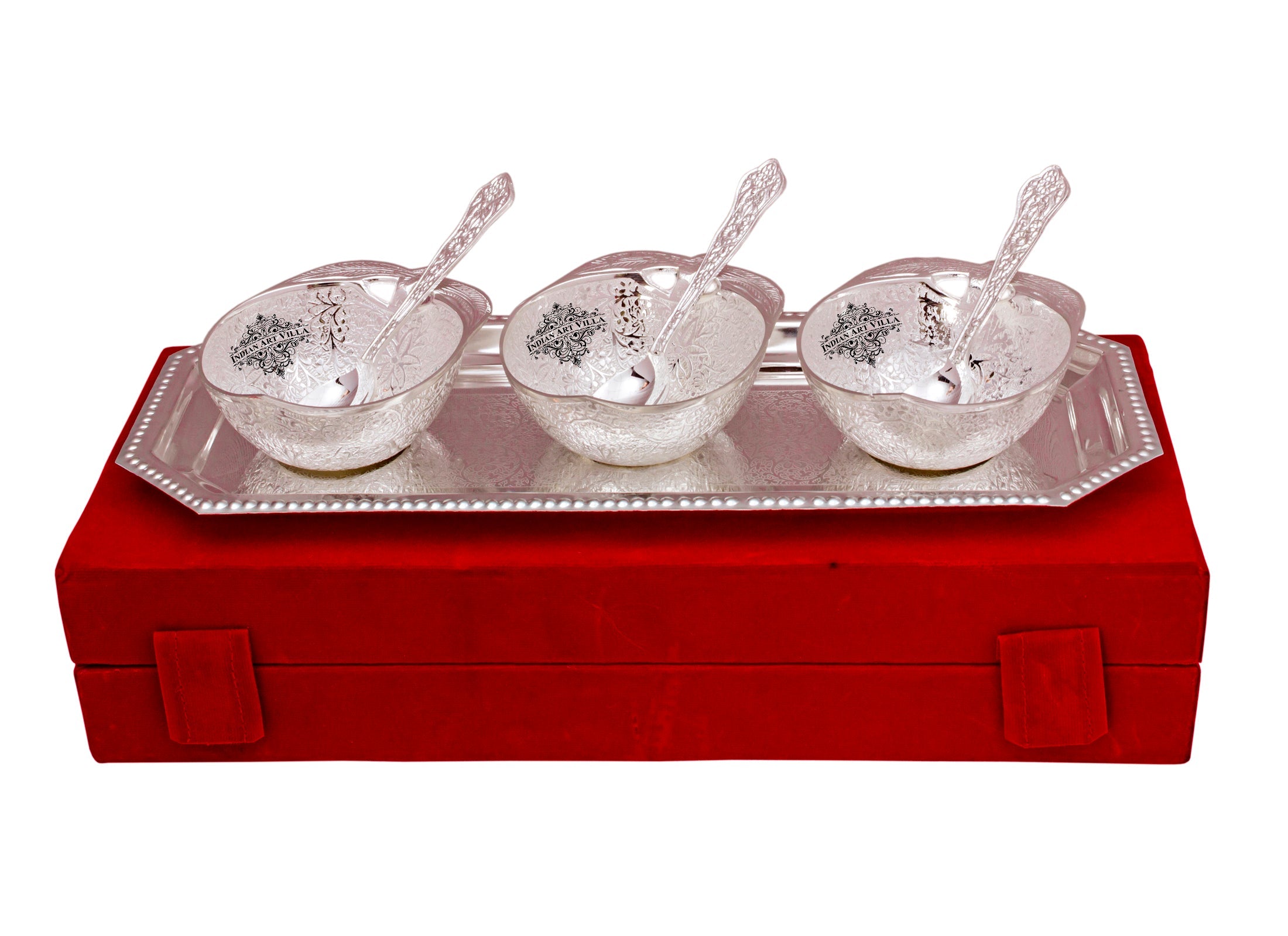 Handmade Pure Silver Plated Mango Design 3 Bowl with 3 Spoon & 1 Tray
