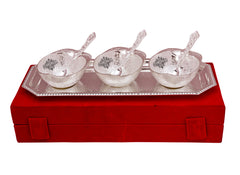 Handmade Pure Silver Plated Mango Design 3 Bowl with 3 Spoon & 1 Tray