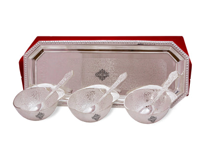 Handmade Pure Silver Plated Mango Design 3 Bowl with 3 Spoon & 1 Tray