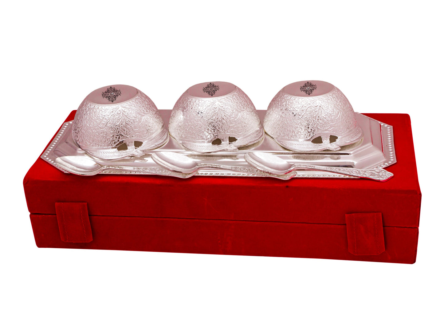 Handmade Pure Silver Plated Mango Design 3 Bowl with 3 Spoon & 1 Tray