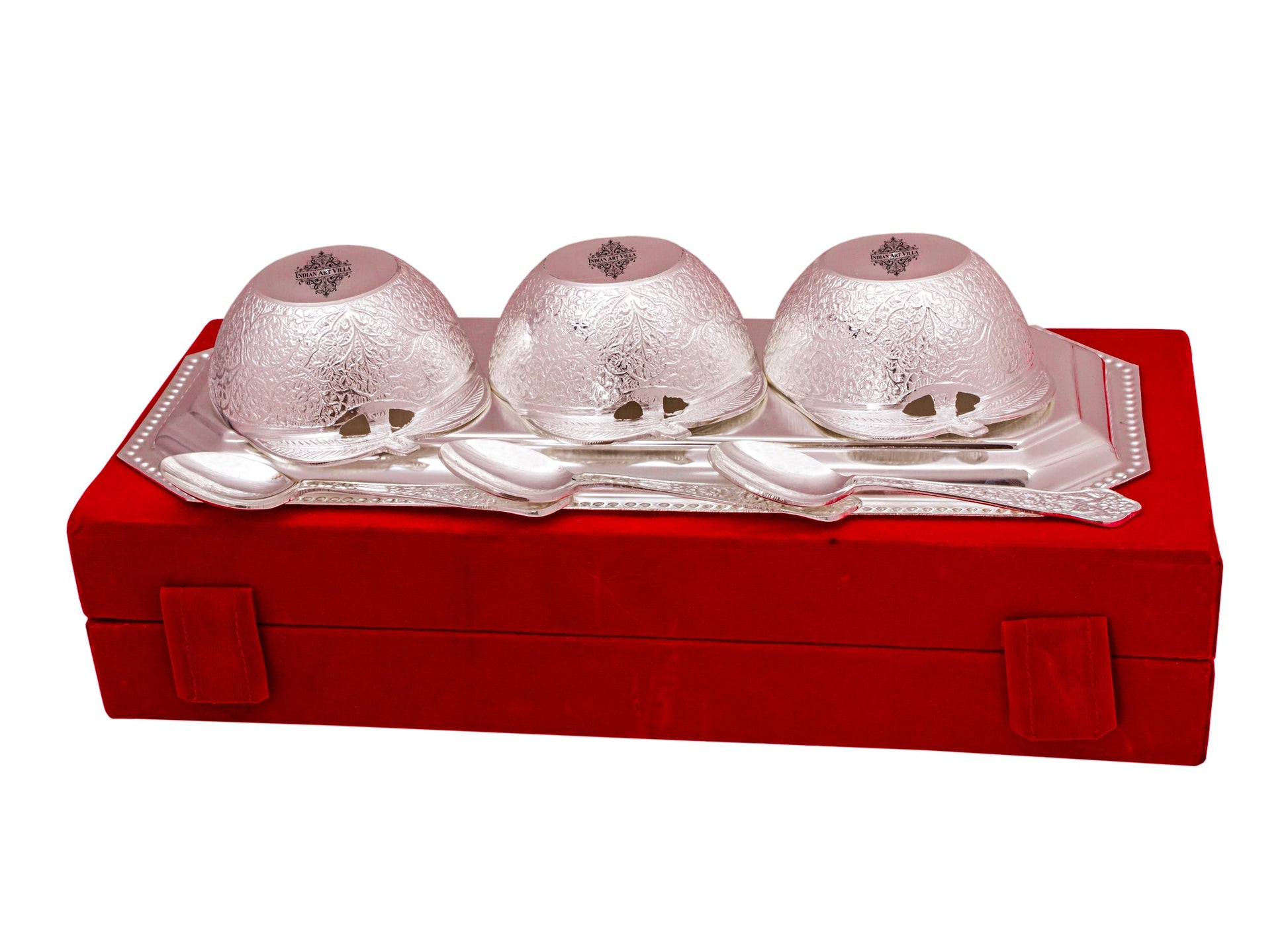 Handmade Pure Silver Plated Mango Design 3 Bowl with 3 Spoon & 1 Tray