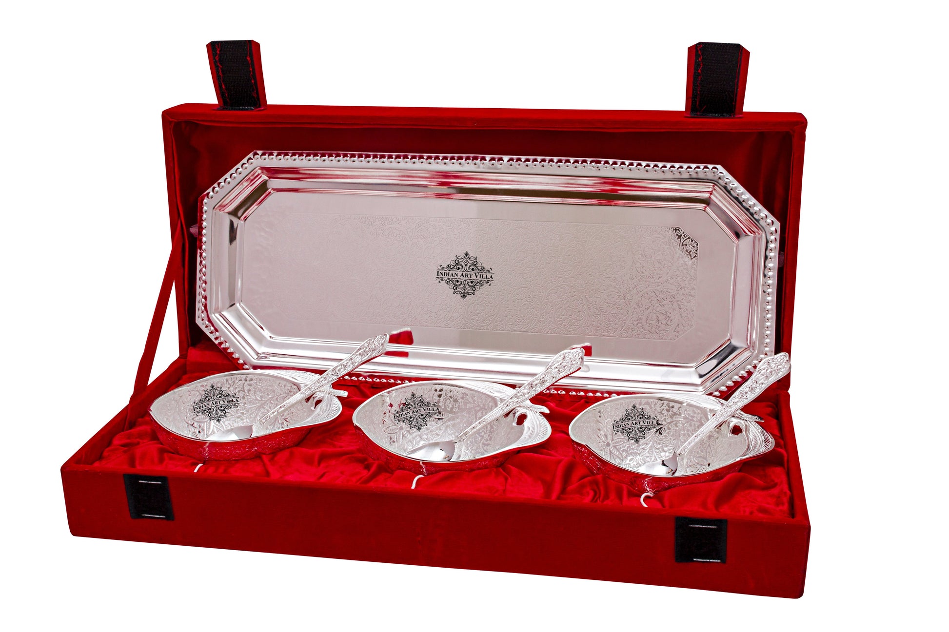 Handmade Pure Silver Plated Mango Design 3 Bowl with 3 Spoon & 1 Tray