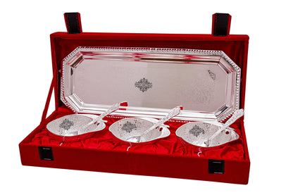 Handmade Pure Silver Plated Mango Design 3 Bowl with 3 Spoon & 1 Tray