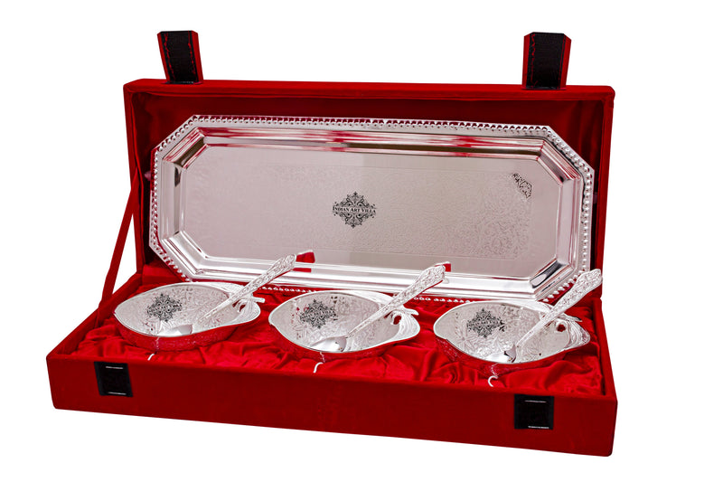 Handmade Pure Silver Plated Mango Design 3 Bowl with 3 Spoon & 1 Tray