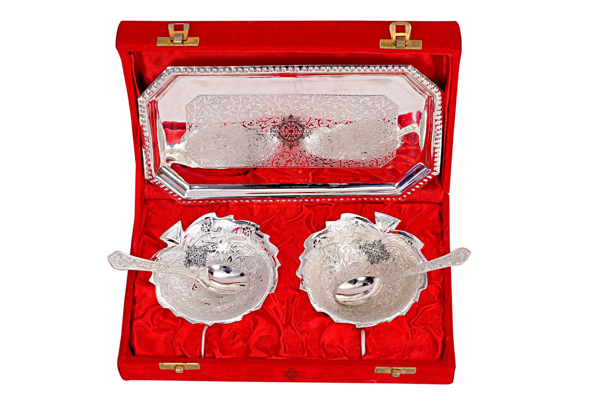Pure Silver Plated Handmade Leaf Design 2 Bowl with 2 Spoon & 1 Tray