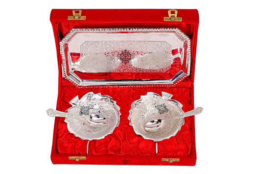 Pure Silver Plated Handmade Leaf Design 2 Bowl with 2 Spoon & 1 Tray