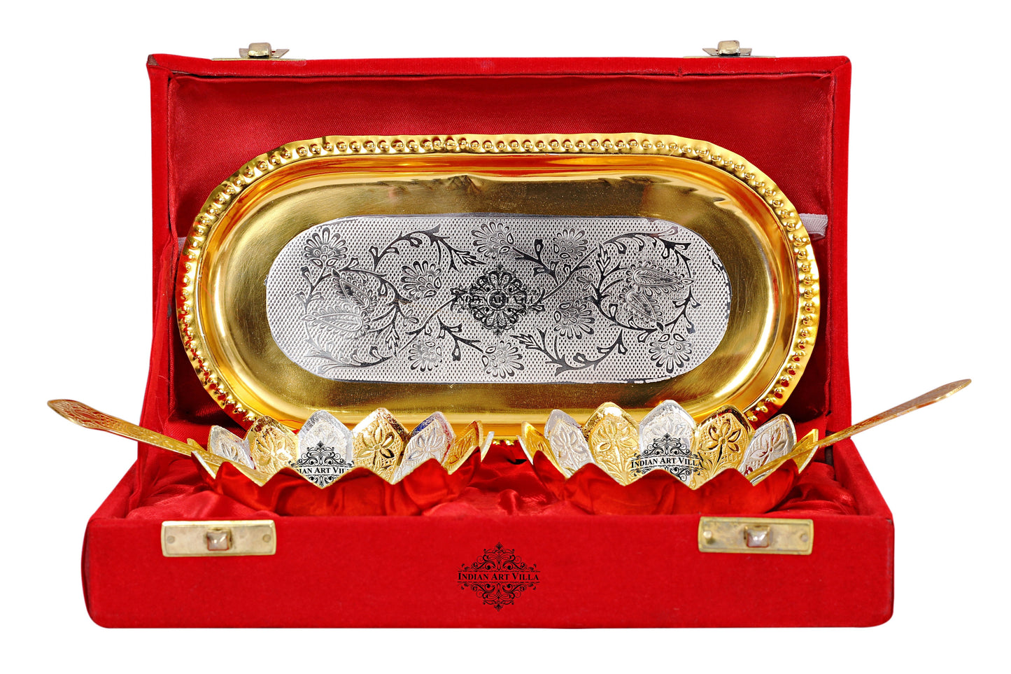 Pure Silver & Gold Plated Lotus Design 2 Bowl with 2 Spoon & 1 Tray