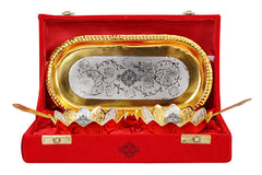 Pure Silver & Gold Plated Lotus Design 2 Bowl with 2 Spoon & 1 Tray
