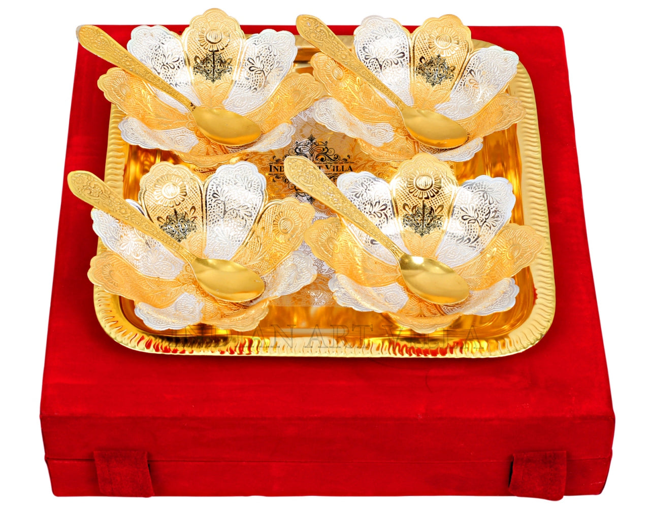 Silver Plated Gold Polished, Set of 4 Bowl & 4 Spoon & Tray