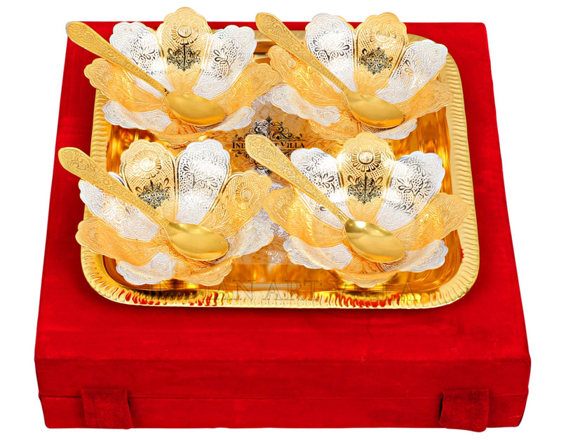 Silver Plated Gold Polished, Set of 4 Bowl & 4 Spoon & Tray