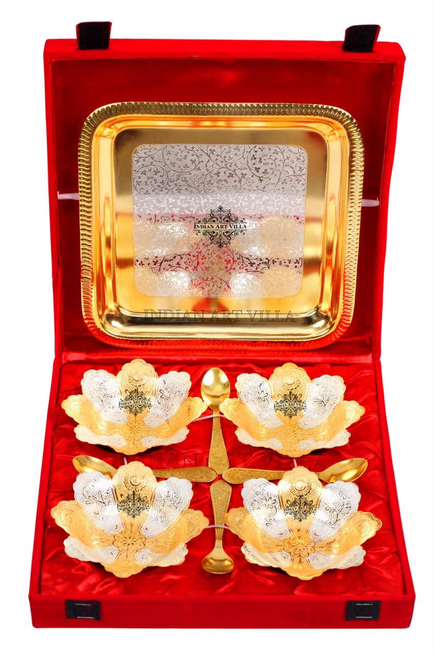 Silver Plated Gold Polished, Set of 4 Bowl & 4 Spoon & Tray