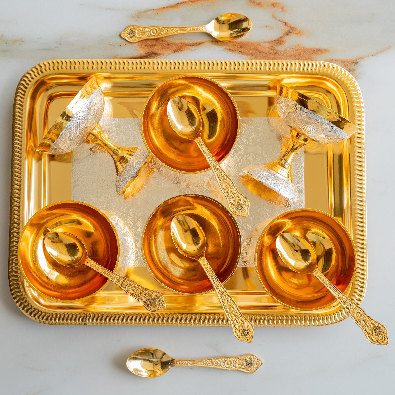 Silver Plated Gold Polished, Set of 6 Ice Cream Bowl & 6 Spoon & Tray