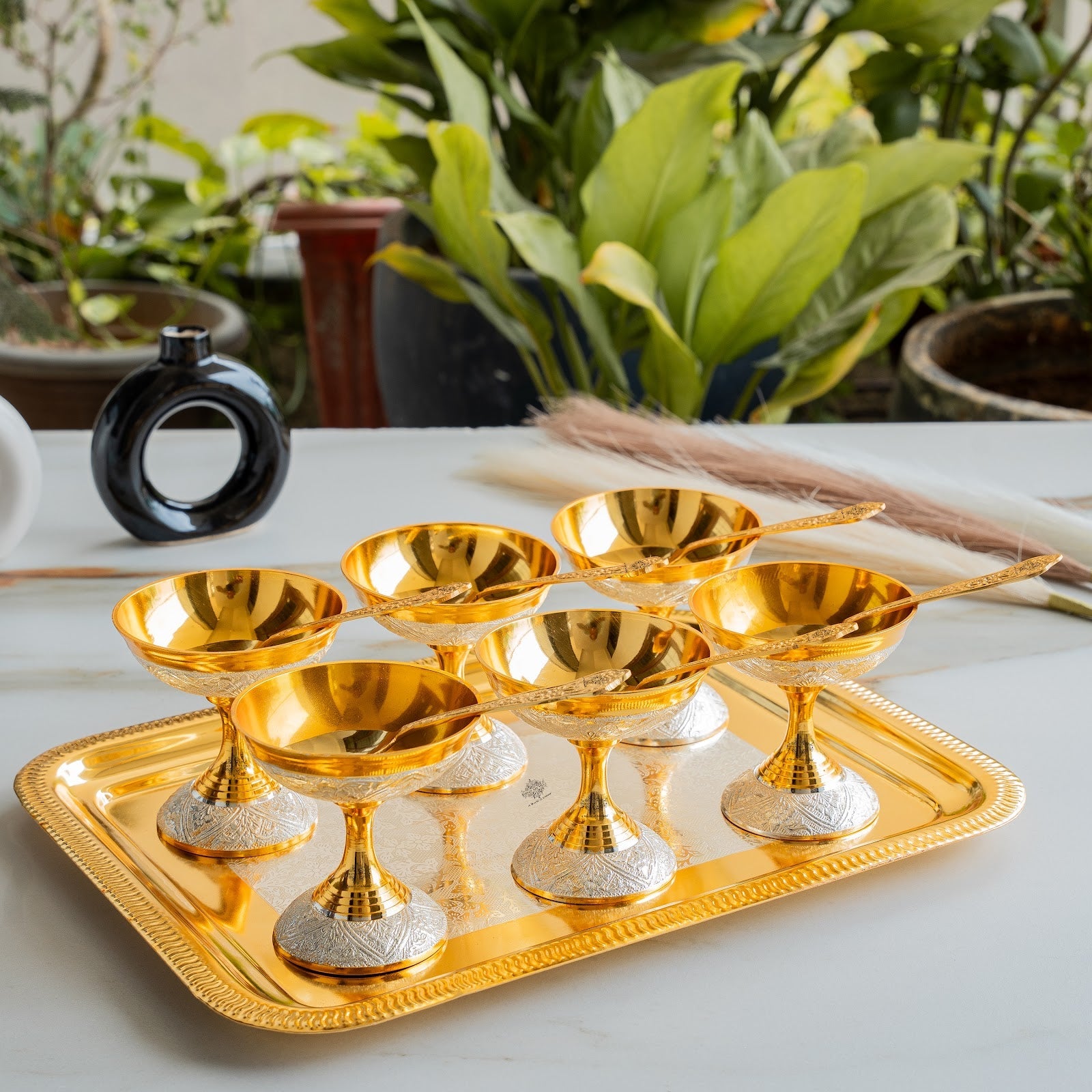 Silver Plated Gold Polished, Set of 6 Ice Cream Bowl & 6 Spoon & Tray