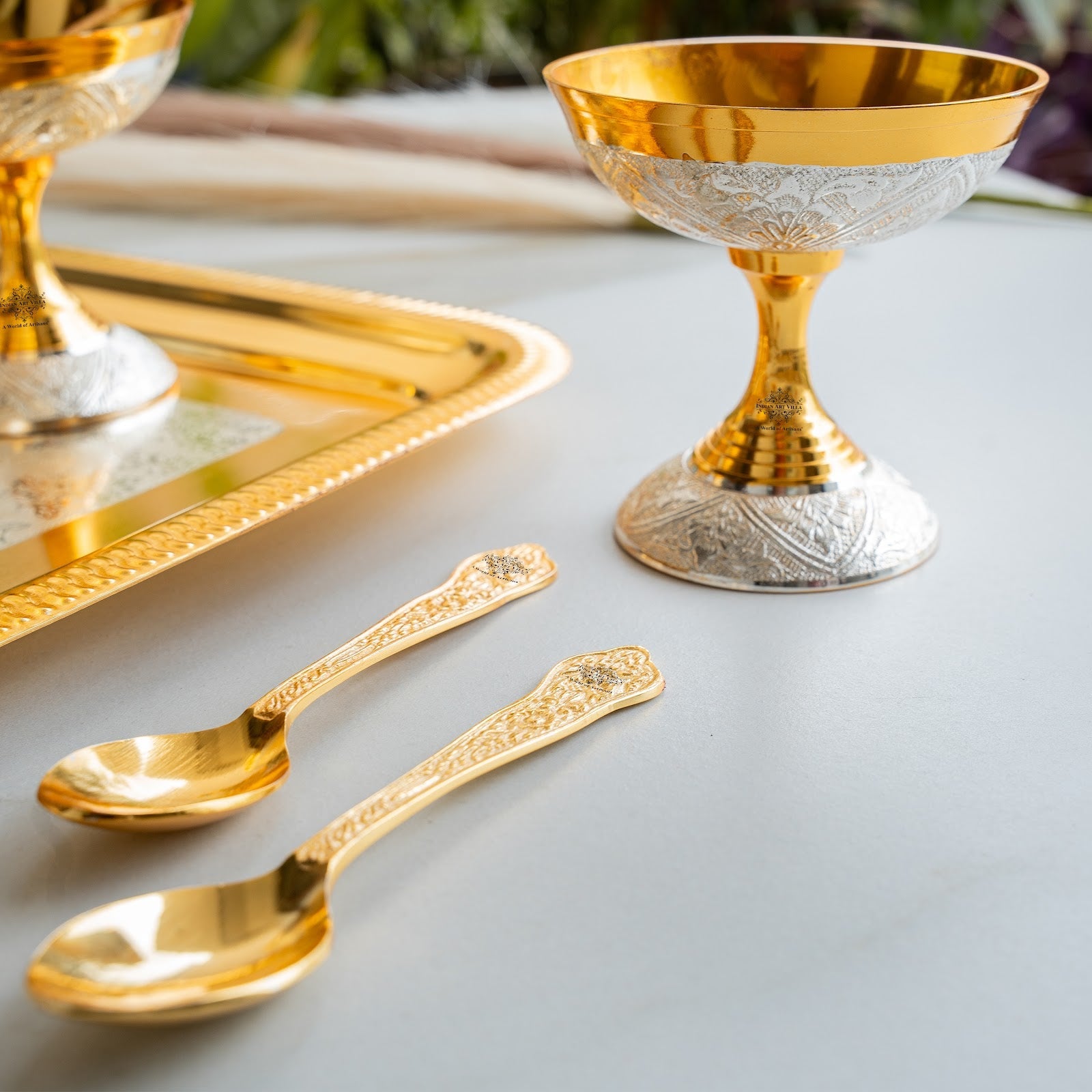 Silver Plated Gold Polished, Set of 6 Ice Cream Bowl & 6 Spoon & Tray